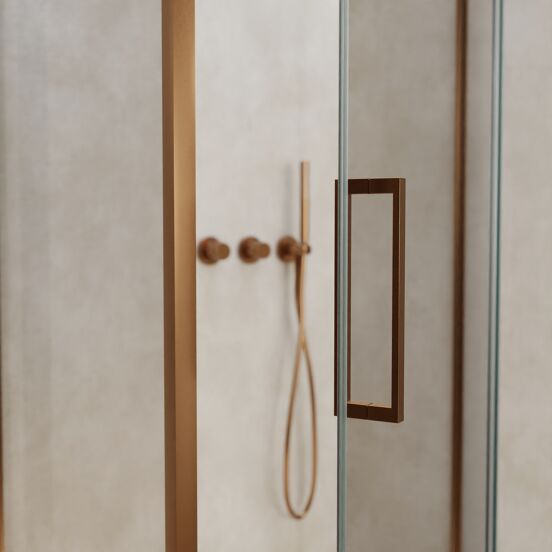Balmani Senses Design douchecabine met rechtse draaideur en vaste zijwand, 100 x 90 cm, Helder glas, Brushed Rosegold profielen