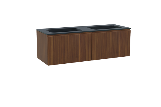 Balmani Sfera hängendes Möbelstück Set: 150 x 55 cm, Amerikanischer Nussbaum, mit Tablo Strada Doppelwaschtisch, Marmorkomposit Schwarz matt