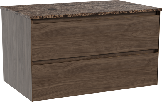 Balmani Mitra hängendes Möbelstück Set: 90 x 55 cm, Amerikanischer Nussbaum, mit Stretto Einzel Waschtischplatte, Marmor Dark Emperador