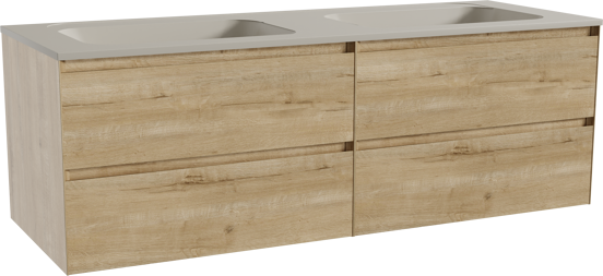 Balmani Mitra hängendes Möbelstück Set: 150 x 55 cm, Rohe Eiche, mit Tablo Strada Doppelwaschtisch, Marmorkomposit Seidengrau
