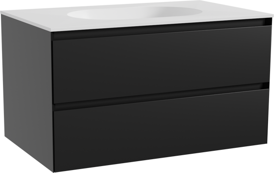 Balmani Mitra meuble salle de bains suspendu 90 x 55 cm noir mat avec Tablo Oval plan simple en solid surface blanc mat