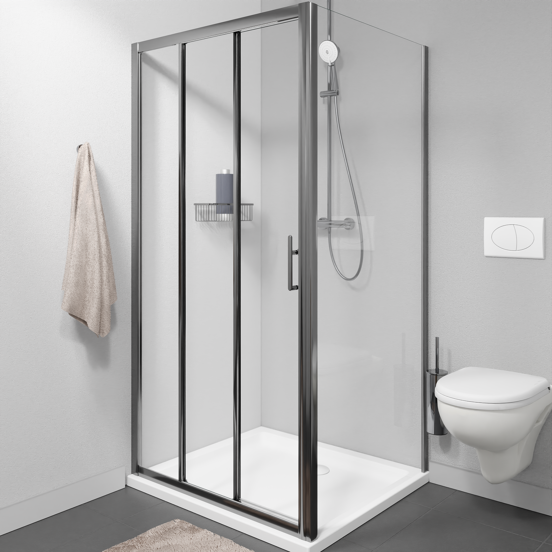 Linie Cadiz porte coulissante en trois parties 100 cm x 190 cm verre transparent profil chrome brossé