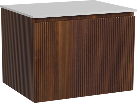 Storke Ribs zwevend badkamermeubel 65 x 52 cm notelaar met Tavola enkel tablet in solid surface mat wit, Verticale symmetrische rechte ribbel