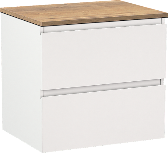 Linie Lado zwevend badmeubel 60 x 46 cm mat wit met Lado enkel wastafelblad in melamine naturel eiken