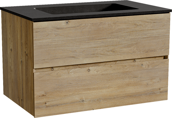 Storke Edge meuble salle de bains suspendu 85 x 52 cm chêne brut avec Scuro plan simple en quartz noir mat
