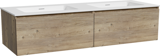 Storke Edge zwevend badmeubel 150 x 52 cm ruw eiken met Mata dubbele wastafel in solid surface mat wit
