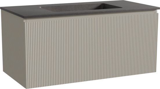 Storke Ribs zwevend badkamermeubel 105 x 52 cm zijdegrijs met Scuro enkele wastafel in kwarts mat zwart, Verticale symmetrische rechte ribbel