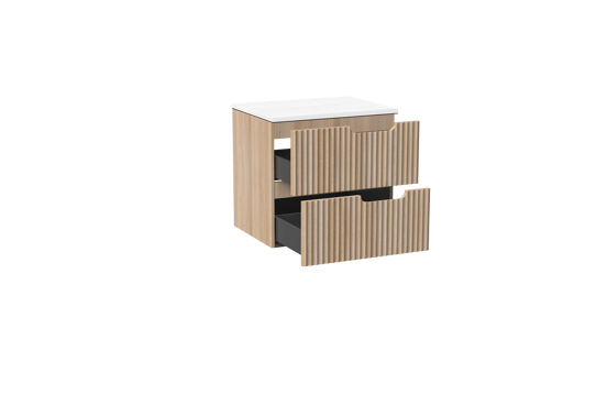 Linie Ribbo meuble salle de bains suspendu 60 x 46 cm chêne clair avec Lado tablette simple en marbre composite blanc mat, Nervure circulaire symétrique verticale