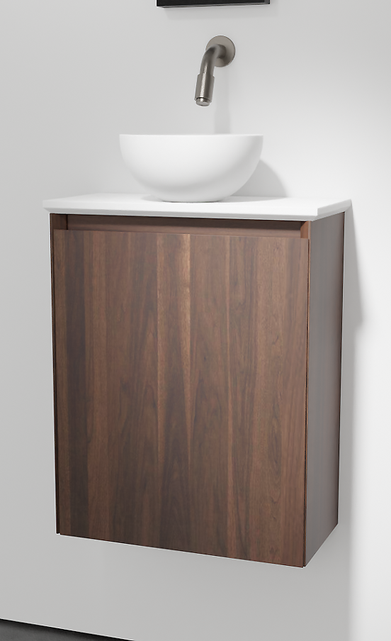 Balmani Mitra zwevend toiletmeubel 42 x 21 cm amerikaans notenhout met Facetta wastafelblad en Jazz waskom in matte Solid Surface