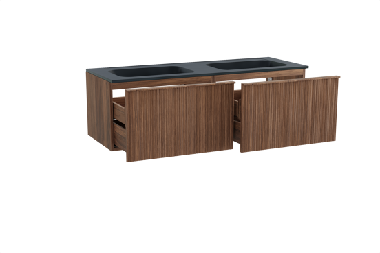 Balmani Forma hängendes Möbelstück Set: 150 x 55 cm, Amerikanischer Nussbaum, mit Tablo Strada Doppelwaschtisch, Marmorkomposit, Schwarz matt, Vertikale asymmetrische Runde Rippe