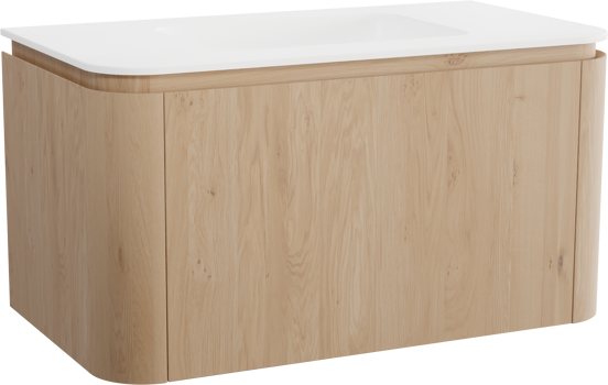Balmani Moon hängendes Möbelstück Set: 100 x 55 cm, Naturbelassene Eiche, mit Moon Einzelwaschtisch, Solid Surface Weiß matt