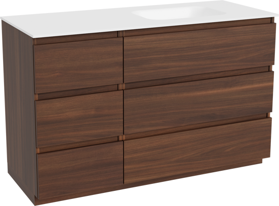 Balmani Lucida meuble salle de bains à poser 135 x 55 cm noyer américain avec Tablo Arcato vasque asymétrique droite en solid surface blanc mat