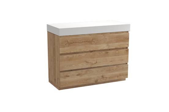 Balmani Lucida freistehendes Möbelstück Set: 120 x 55 cm, Rohe Eiche, mit Dominus Einzel- oder Doppel Waschtischplatte, Solid Surface Weiß matt