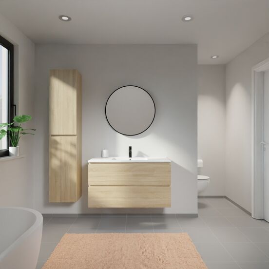 Linie Lado meuble salle de bains suspendu 100 x 46 cm chêne blanc avec Vano plan simple en marbre composite blanc mat