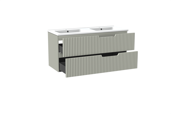 Linie Ribbo meuble salle de bains suspendu 120 x 46 cm greige avec Vano double vasque en marbre composite blanc mat, Nervure circulaire symétrique verticale