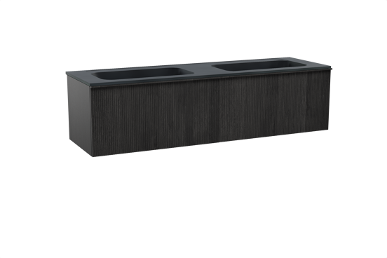 Balmani Forma zwevend badkamermeubel 180 x 55 cm zwarte eik met Tablo Strada dubbele wastafel in composietmarmer mat zwart, Verticale symmetrische rechte ribbel