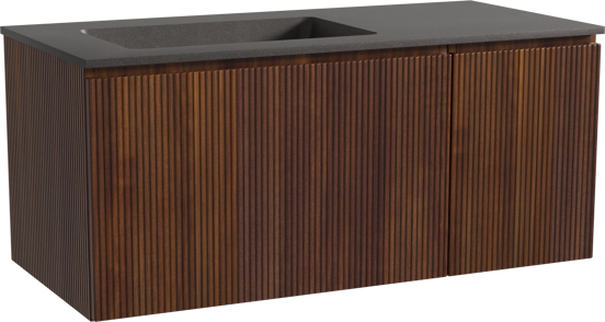 Storke Ribs zwevend badmeubel 110 x 52 cm notenhout met Scuro asymmetrisch linkse wastafel in kwarts mat zwart, Verticale symmetrische rechte ribbel