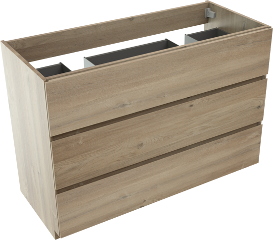 Storke Edge meuble sous-vasque a poser 120 x 52 cm chêne brut 3 tiroirs 2 découpés de siphon