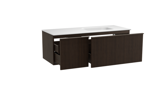 Balmani Forma meuble salle de bains suspendu 135 x 55 cm chêne fumé avec Tablo Arcato vasque asymétrique droite en solid surface blanc mat, Nervure droite symétrique verticale