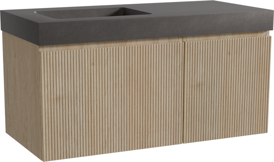 Storke Ribs hängendes Möbelstück Set: 110 x 52 cm, Rohe Eiche, mit Scuro High Waschtisch links, Quarz, Schwarz matt, Vertikale symmetrische gerade Rippe