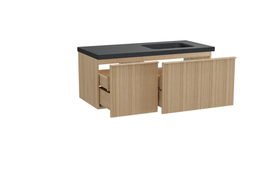 Balmani Forma zwevend badmeubel 120 x 55 cm naturel eiken met Napoli asymmetrisch rechtse wastafel in zwart graniet, Verticale asymmetrische ronde ribbel