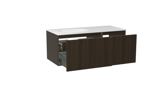 Balmani Sfera meuble salle de bains suspendu 120 x 55 cm eucalyptus avec Tablo Oval plan vasque asymétrique à gauche en solid surface blanc mat