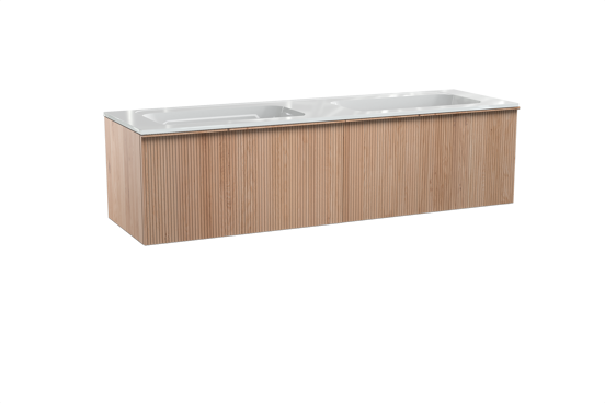 Balmani Forma zwevend badkamermeubel 180 x 55 cm natuur eik met Tablo Strada dubbele wastafel in composietmarmer glanzend wit, Verticale symmetrische rechte ribbel