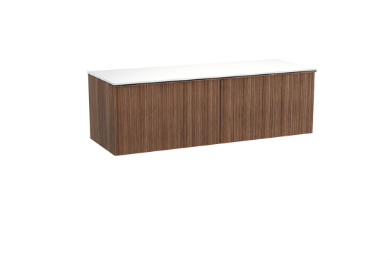 Balmani Forma meuble salle de bains suspendu 150 x 55 cm noyer américain avec Stretto tablette simple ou double en solid surface blanc mat, Nervure circulaire asymétrique verticale