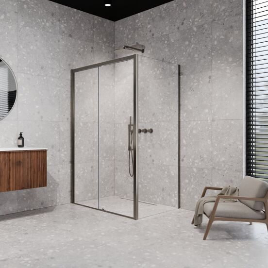 Balmani Senses Design douchehoek met linkse schuifdeur en vaste zijwand, 140 x 90 cm, Helder glas, Brushed GunMetal profielen