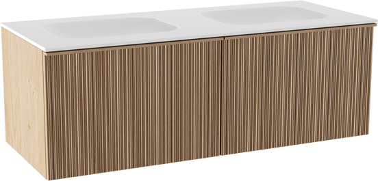 Balmani Forma zwevend badkamermeubel 135 x 55 cm natuur eik met Tablo Arcato dubbele wastafel in solid surface mat wit, Verticale asymmetrische ronde ribbel