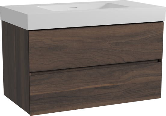 Storke Edge zwevend badkamermeubel 95 x 52 cm notelaar met Mata High enkele wastafel in solid surface mat wit