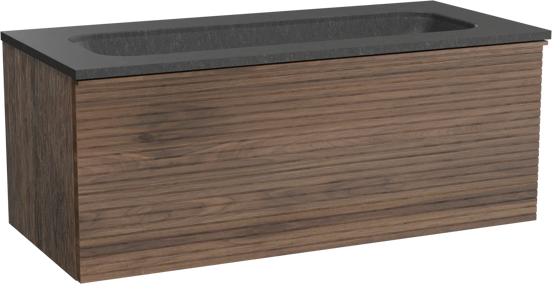 Balmani Forma zwevend badkamermeubel 120 x 55 cm amerikaanse notelaar met Tablo Arcato enkele wastafel voor 2 kraangaten in graniet zwart, Horizontale symmetrische rechte ribbel