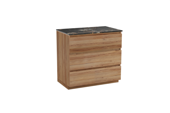 Balmani Lucida staand badkamermeubel 90 x 55 cm teak met Stretto enkel tablet in marmer portoro gold