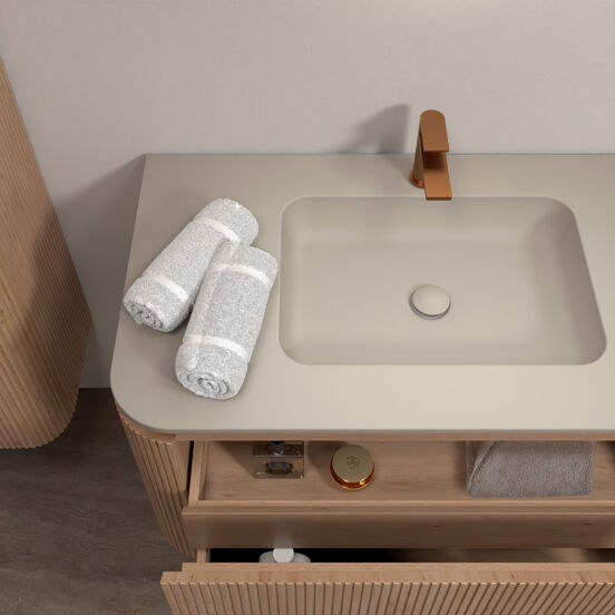 Balmani Moon meuble salle de bains suspendu 160 x 55 cm chêne naturel avec Moon double vasque en top solid soie grise, Nervure droite symétrique verticale