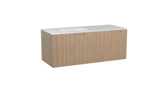 Balmani Adagio meuble salle de bains suspendu 135 x 55 cm chêne vieilli avec Tablo Oval plan vasque asymétrique à gauche en solid surface blanc mat
