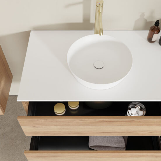 Balmani Lucida zwevend badkamermeubel 120 x 55 cm teak met Stretto enkel of dubbel tablet in solid surface mat wit
