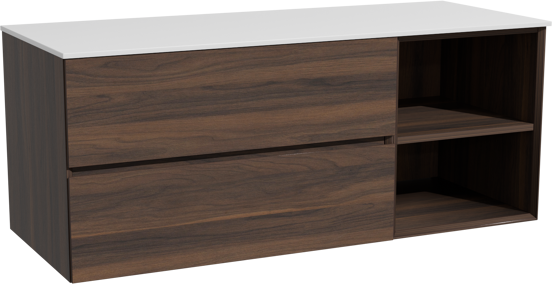 Storke Edge zwevend badkamermeubel 130 x 52 cm notelaar met Tavola enkel of dubbel tablet in solid surface mat wit