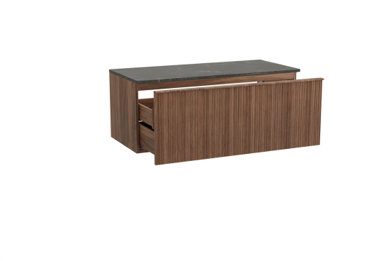 Balmani Forma zwevend badkamermeubel 120 x 55 cm amerikaanse notelaar met Stretto enkel of dubbel tablet in marmer pietra grey, Verticale asymmetrische ronde ribbel