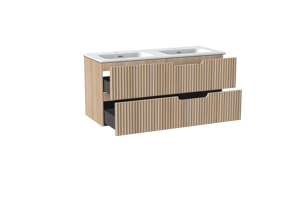 Linie Ribbo meuble salle de bains suspendu 120 x 46 cm chêne clair avec Baro double vasque en porcelaine blanc brillant, Nervure circulaire symétrique verticale