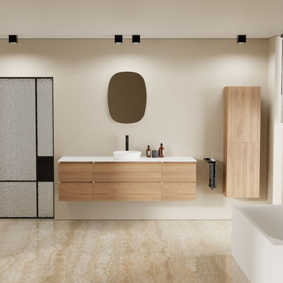 Balmani Mitra meuble salle de bains suspendu 180 x 55 cm teck avec Stretto tablette simple ou double en solid surface blanc mat
