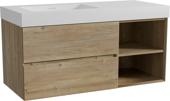 Storke Edge zwevend badmeubel 120 x 52 cm ruw eiken met Mata High asymmetrisch linkse wastafel in solid surface mat wit