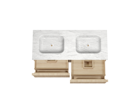 Balmani Forma meuble salle de bains suspendu 135 x 55 cm chêne naturel avec Tablo Arcato double vasque en marbre carrare, Nervure circulaire asymétrique verticale