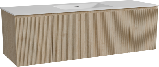 Storke Ribs hängendes Möbelstück Set: 155 x 52 cm, Rohe Eiche, mit Mata Einzelwaschtisch, Solid Surface, Weiß matt, Vertikale symmetrische gerade Rippe