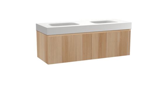 Balmani Idra hängendes Möbelstück Set: 150 x 55 cm, Naturbelassene Eiche, mit Arcato Doppelwaschtisch, Solid Surface Weiß matt