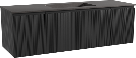 Storke Ribs zwevend badkamermeubel 155 x 52 cm zwarte eik met Scuro enkele wastafel in kwarts mat zwart, Verticale asymmetrische rechte ribbel