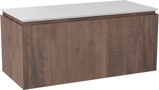 Balmani Eclips meuble salle de bains suspendu 120 x 55 cm Noyer américain avec Eclips tablette simple ou double en Solid Surface blanc mat