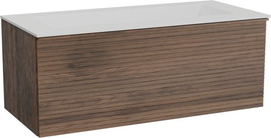 Balmani Forma zwevend badkamermeubel 120 x 55 cm amerikaanse notelaar met Tablo Stretto enkele wastafel voor 2 kraangaten in solid surface mat wit, Horizontale symmetrische rechte ribbel