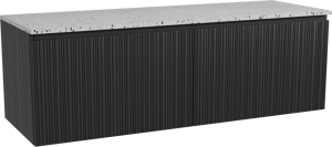Storke Ribs hängendes Möbelstück Set: 150 x 52 cm, Schwarze Eiche, mit Tavola Einzel- oder Doppel Waschtischplatte, Terrazzo in Weiß/Schwarz matt, Vertikale asymmetrische gerade Rippe