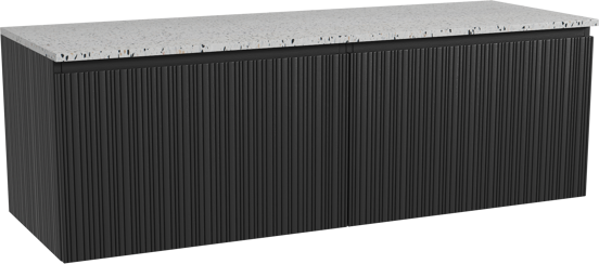 Storke Ribs hängendes Möbelstück Set: 150 x 52 cm, Schwarze Eiche, mit Tavola Einzel- oder Doppel Waschtischplatte, Terrazzo in Weiß/Schwarz matt, Vertikale asymmetrische gerade Rippe