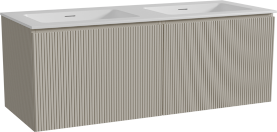 Storke Ribs meuble salle de bains suspendu 130 x 52 cm soie grise avec Mata double vasque en solid surface blanc mat, Nervure droite symétrique verticale